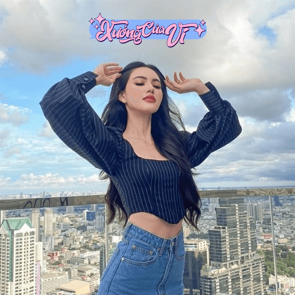 ✧Ảnh thật✧ Áo croptop dài tay phồng lồng đèn cổ vuông hoạ tiết sọc dọc tôn dáng kiểu Pháp cổ điển ATD024 Xưởng Của Vi