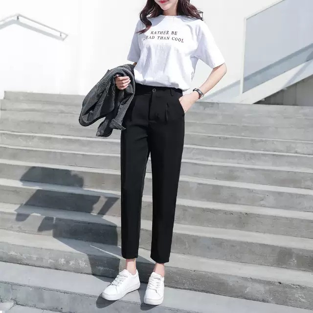 Quần tây baggy nữ công sở cạp lưng cao màu đen dáng dài khóa kéo ống đứng - Mặc đi làm công sở đi học