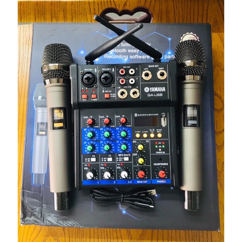 Mixer Livetream Yamaha G4 Bluetooth, USB - Tặng Kèm 2 Micro Không Dây UHF, Loa Kéo Dàn Amply Gia Đình - Dùng Trên Xe Hơi