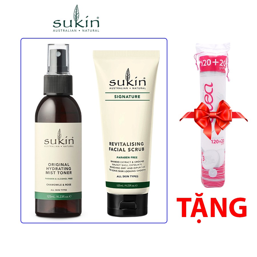 [TẶNG KÈM BÔNG TẨY TRÀNG OLEA GIÁ 0Đ] Combo Nước hoa hồng dạng xịt Sukin + Kem tẩy tế bào chết và tái tạo da Sukin