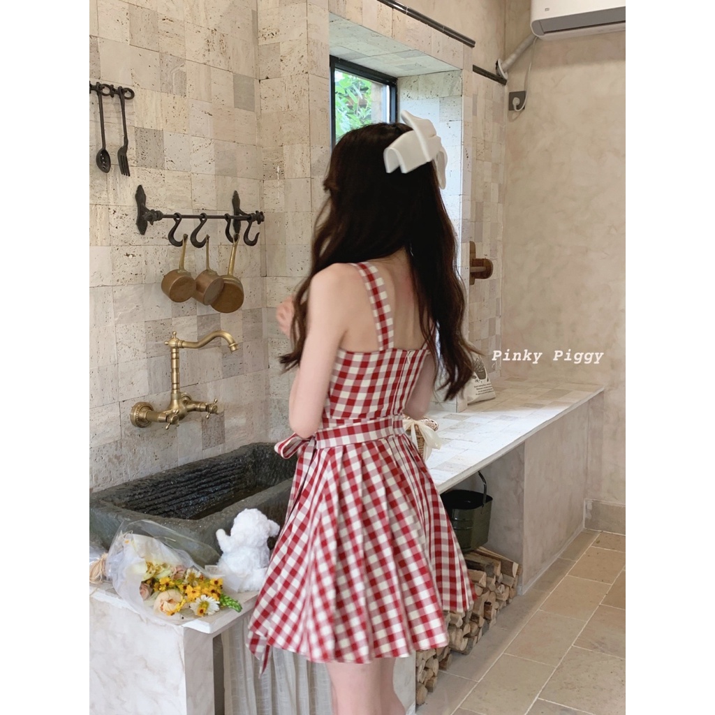 Jiashucheng Bộ Áo Cổ Búp Bê Họa Tiết Sọc Caro Phối Chân Váy Hai Dây Thời Trang Mùa Hè Cho Bạn Gái