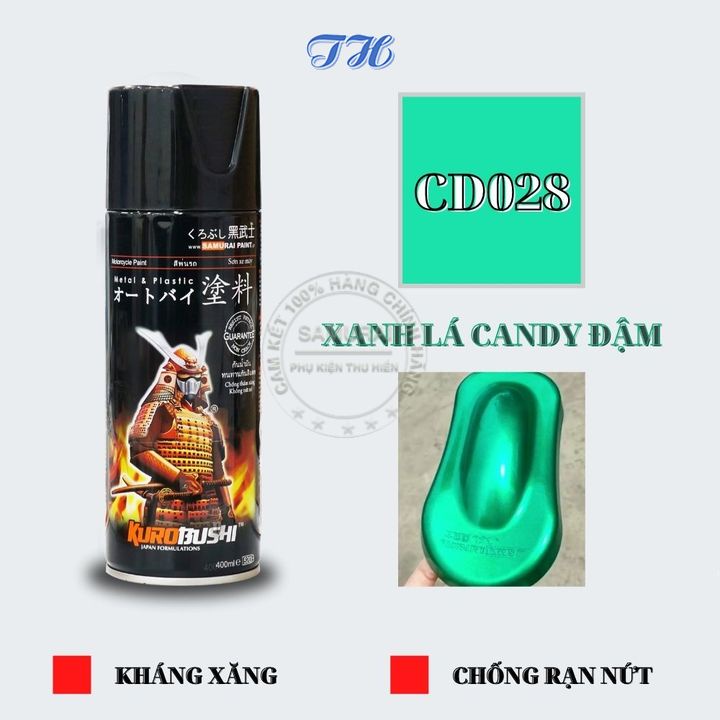 Sơn Xịt Samurai chuyên dùng cho xe máy màu xanh lá candy đậm CD028 * chống cháy, chống rạn nứt, vòi xịt chống chảy