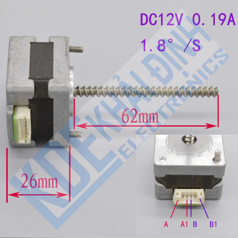 động cơ bước trục dài 62mm XOẮN, 12V, 0.19A, 1,8độ kde2522