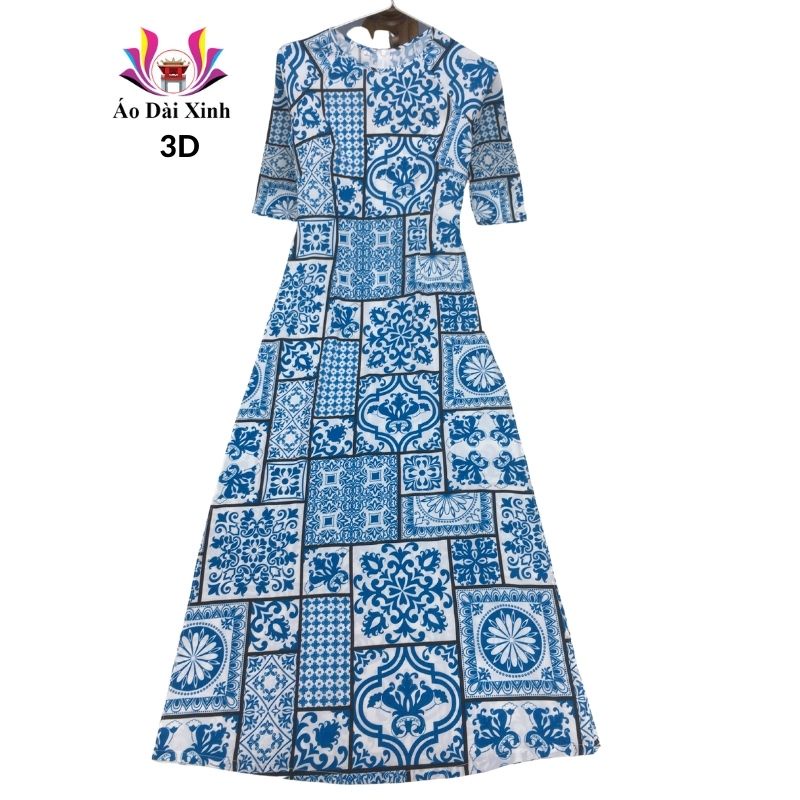 Áo dài truyền thống in 3D cổ tròn tay lỡ màu xanh họa tiết hình