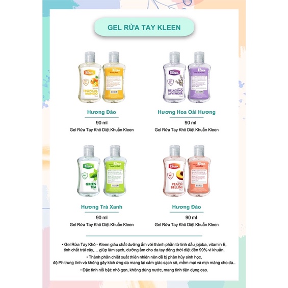 GEL RỬA TAY KLEEN 4 MÙI 90ML TIỆN DỤNG