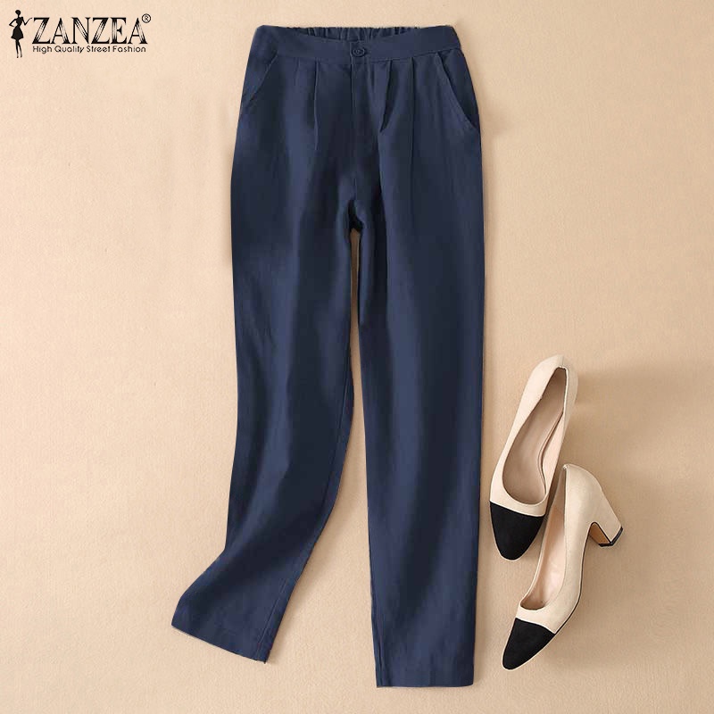 Zanzea Quần Dài Lưng Thun Màu Trơn Có Túi Thời Trang Cho Nữ