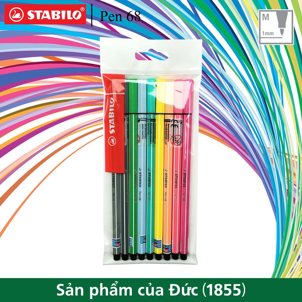 [DA ĐEN] Bộ 9 Bút Lông STABILO Pen 68 1.0mm Màu Pastel (PN68/PASTEL/C9)