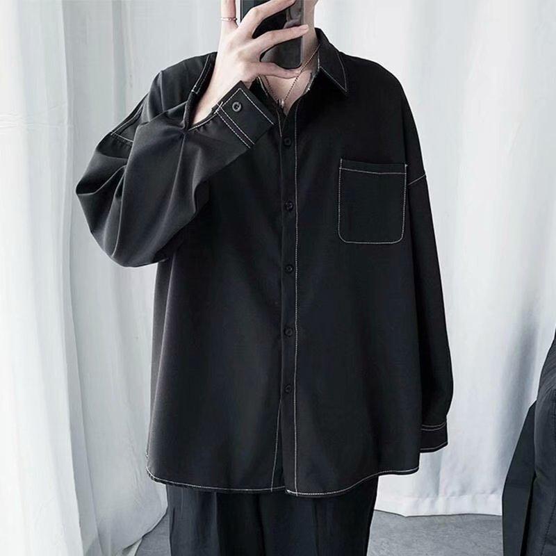 Áo sơ mi trắng dài tay dáng rộng phối kẻ sọc trẻ trung cho nam cỡ m-3xl