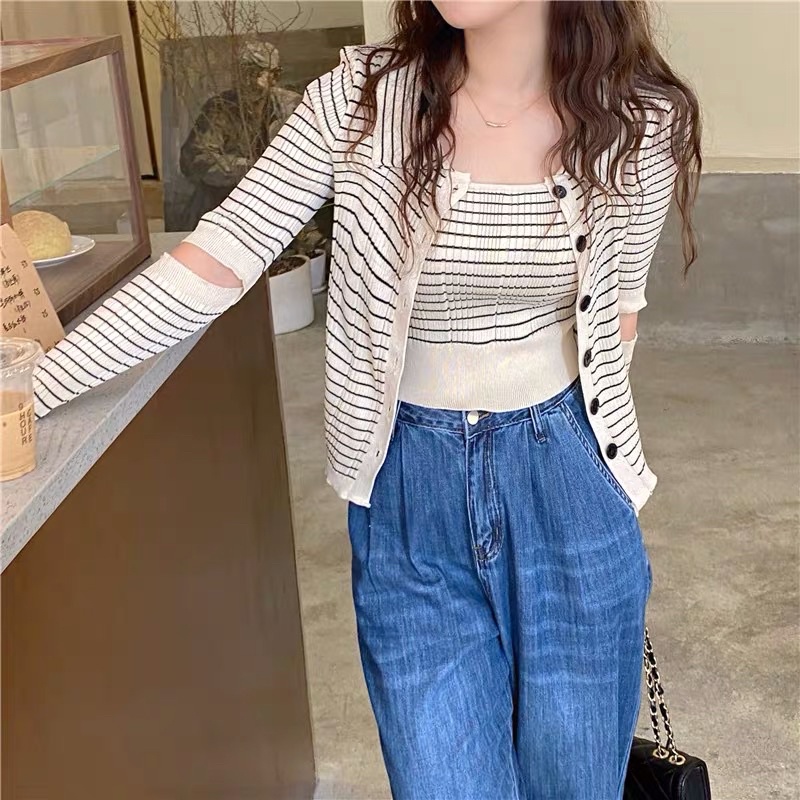 set áo len khuy cài cổ đức kèm áo sát nách sọc kẻ ngang (21287#) | BigBuy360 - bigbuy360.vn