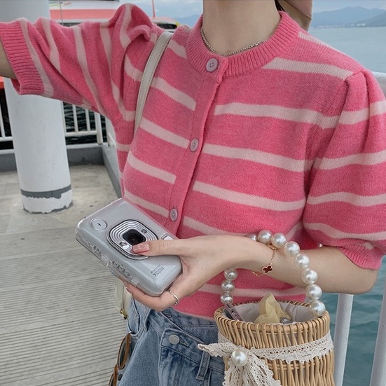 Áo cardigan ZHELIHANGFEI len cổ tròn tay ngắn phồng họa tiết kẻ sọc màu sắc tương phản thời trang