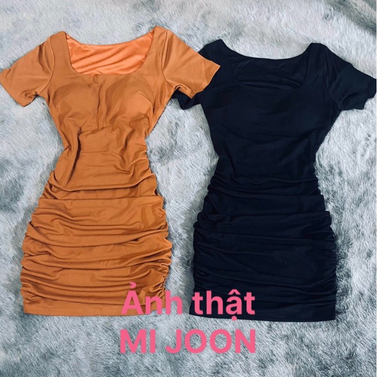 [ MI JOON ] đầm váy body cổ vuông 2 lớp lót tay ngắn có mút ngực nhún sườn 2 bên hở eo thân sau | BigBuy360 - bigbuy360.vn