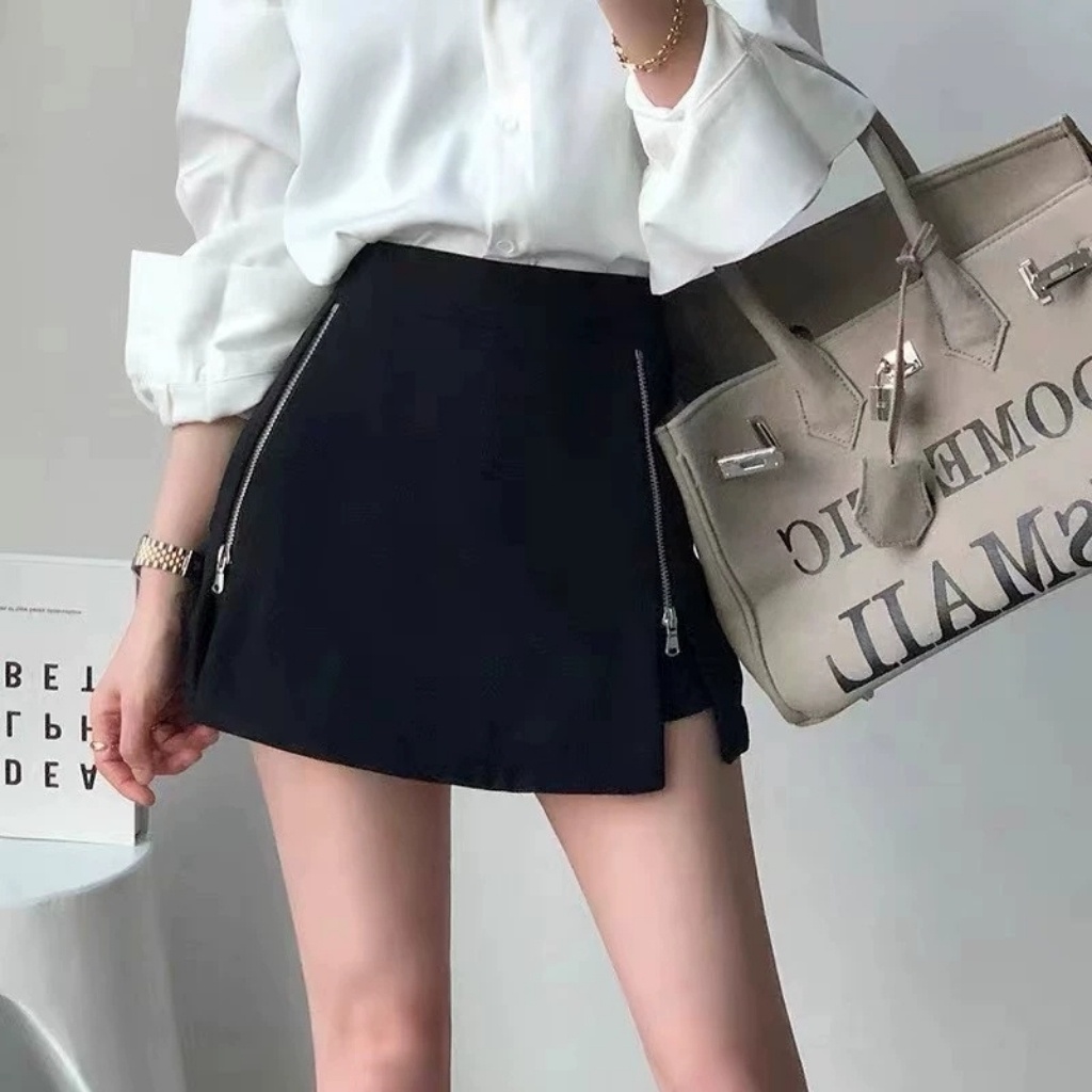 Chân Váy Đen Dáng Váy Chữ A Phối Dây Kéo Nổi Chất Liệu Tuyết Mưa Cao Cấp Có Quần Trong