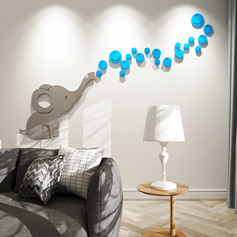 Tranh dán tường mica 3d decor khổ lớn chú voi xám thổi bong bóng ngộ nghĩnh trang trí mầm non Nhiều Size - EPeBen