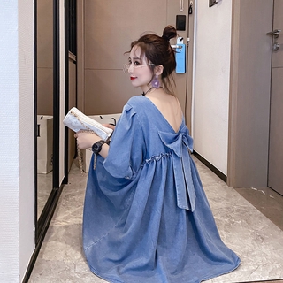 Đầm búp bê Denim lưng cao phối nơ thời trang mùa hè cho nữ