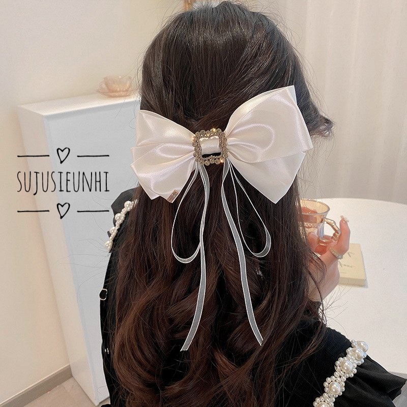 Kẹp tóc bấm nơ bản to đính đá hình vuông tua rua đeo sau đầu phong cách Hàn Quốc