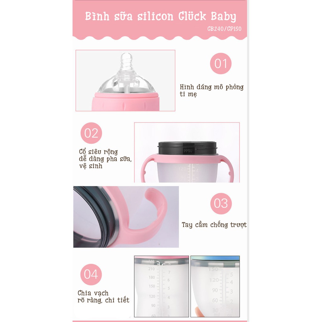 Bình sữa silicon Gluck Baby Premium 150ml (Màu hồng)