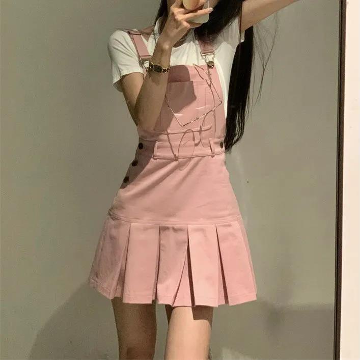 Pink denim strap skirt girls spring and summer style ins Korean version of the new college style girls feel pleated dress trend