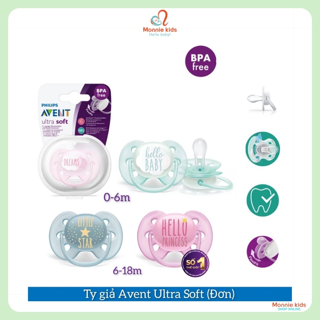 Ti giả cho bé PHILIPS AVENT ultra soft 0-18m, núm ty chỉnh nha siêu mềm - Monnie Kids