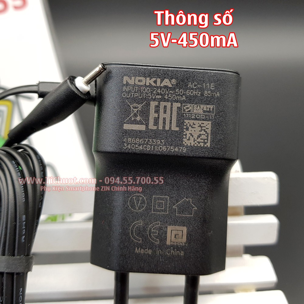 [ZIN THEO MÁY] Sạc Nokia chuôi nhỏ AC 11E 450mA chân kim 2mm