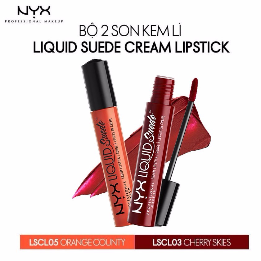 Bộ 2 son kem lì chính hãng NYX Liquid Suede Cream Lipstick Cherry Skies & Orange County