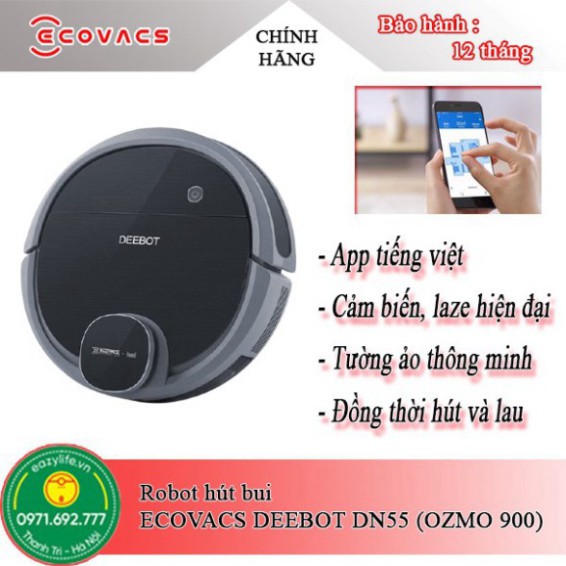 Máy Hút Bụi Lau Nhà Ecovacs Deebot DN55 (Ozmo 900) Hàng Chính Hãng, Mới 100%, Chưa Qua Sử Dụng, App sử dụng tiếng việt.