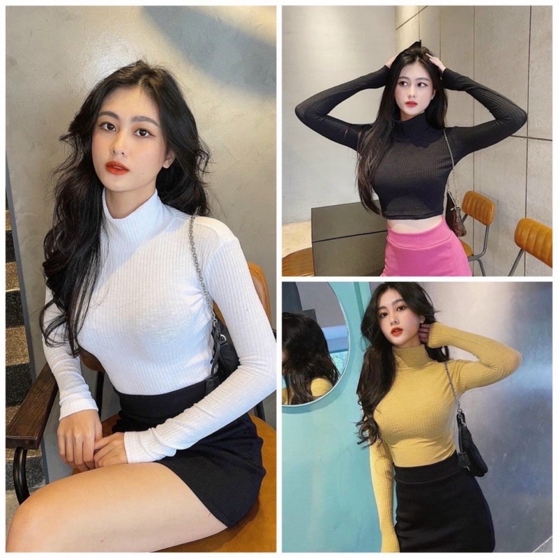 Áo croptop cổ lọ tay dài ôm gọn dáng chất thun co giãn phong cách Hàn Quốc, áo croptop siêu xinh xắn