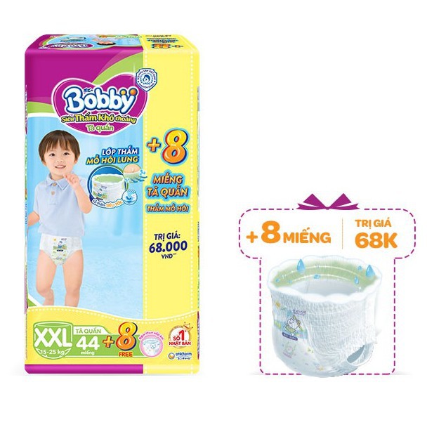 Tã Quần Bobby Size XXL 44 Miếng(Khuyến Mãi tặng 8 Miếng)