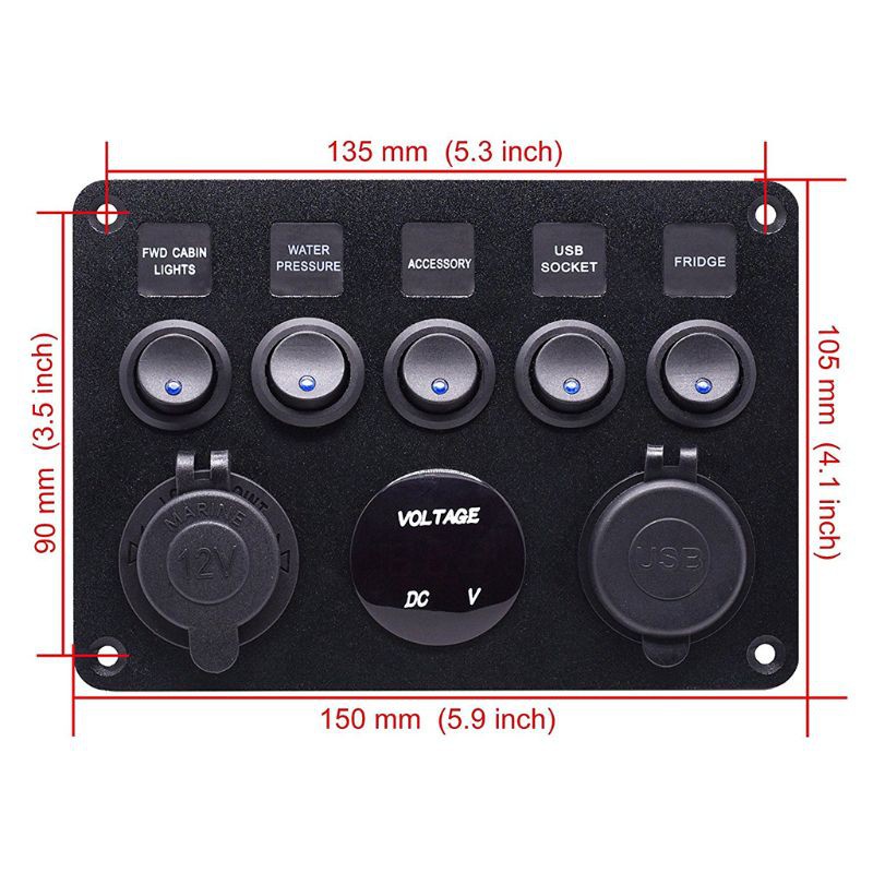 Công tắc 5 phím vặn tắt kết nối 2USB 12V dùng cho xe ô tô / xe tải / thuyền bè