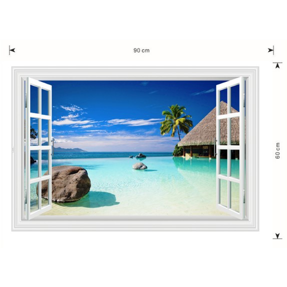 Decal trang trí khung cửa sổ 3D cảnh biển xanh và nhà nghĩ