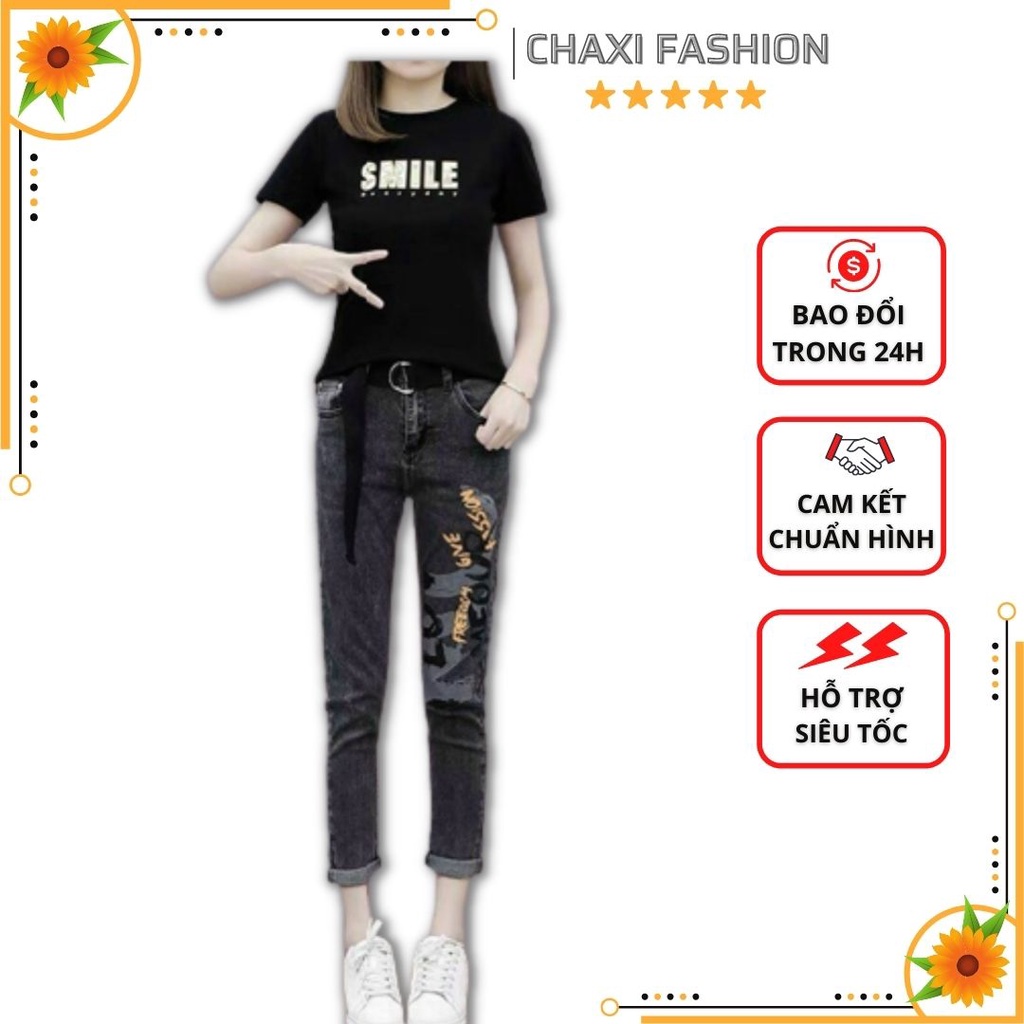 HÀNG NHẬP - SET BỘ ÁO THUN ĐEN SMILE QUẦN JEAN NĂNG ĐỘNG - KBT75420