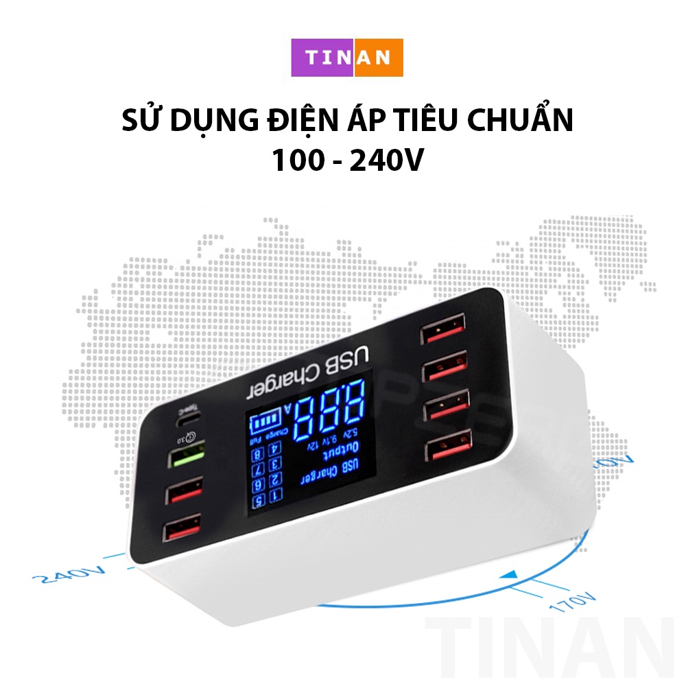 Bộ Sac Nhanh 8 Cổng A9+ USB 3.0 TypeC 40W, Màn Hình LED Cho Điện Thoại iOS và Android