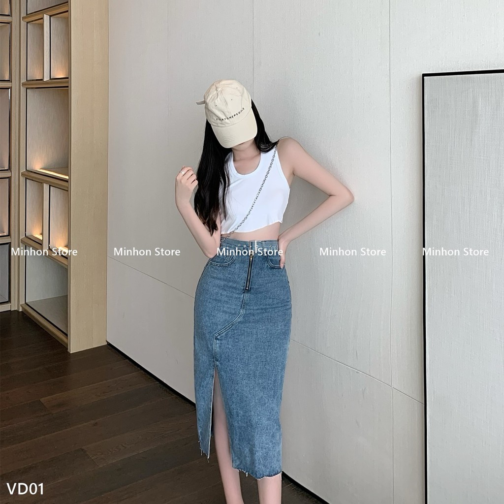 [Sẵn + Đai] Đầm Bò, Chân Váy Bò Dài Xẻ Tà Kèm Đai Nổi Bật, Trẻ Trung, Trendy (Minhon Store VD01) | BigBuy360 - bigbuy360.vn