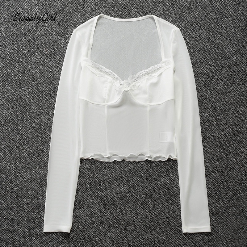 Áo croptop tay dài cổ chữ V màu trơn phối ren lưới xuyên thấu thời trang dành cho nữ