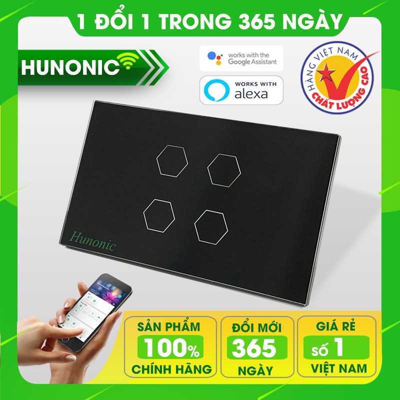 CÔNG TẮC CẢM ỨNG WIFI│HẸN GIỜ TỰ ĐỘNG HUNONIC 4 NÚT ĐEN│Thiết bị nhà thông minh cao cấp, hàng Việt Nam mới nhất 2020