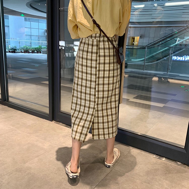 SUXI Chân Váy Chữ A Lưng Cao Họa Tiết Kẻ Sọc Phong Cách Hàn Quốc