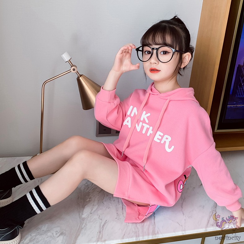 Đầm Thun Tay Dài Có Nón In Họa Tiết Đáng Yêu Cho Bé Gái