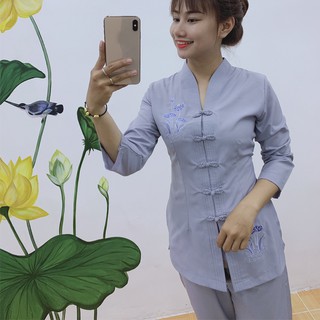 (BÀ LAI TIM) Đồ lam đi chùa Quần áo phật tử mẫu nữ kate