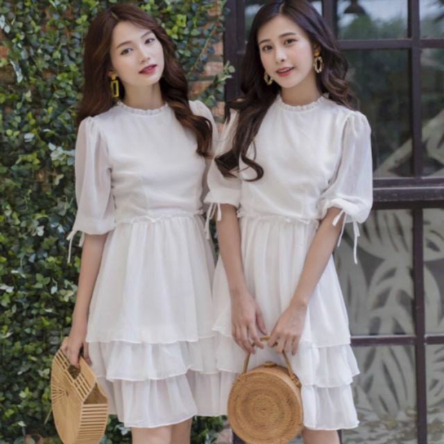 (Ảnh thật) ĐẦM BABY DOLL BÈO TẦNG TRẮNG 2LOP XÒE CÔNG CHÚA )