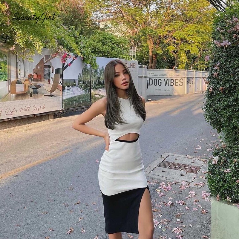 Đầm Midi Không Tay Cổ Tròn Dáng Ôm Phối Màu Tương Phản Thời Trang Cho Nữ