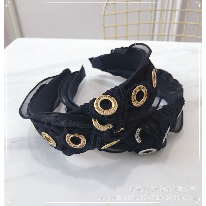 Korean New High-end Hollow Rhinestone Headband Bud Silk Yarn Knotted Wide-brimmed Woman Hair Band