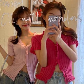Áo Croptop Dệt Kim Tay Ngắn Cổ Chữ V Màu Trơn Phong Cách Hàn Quốc