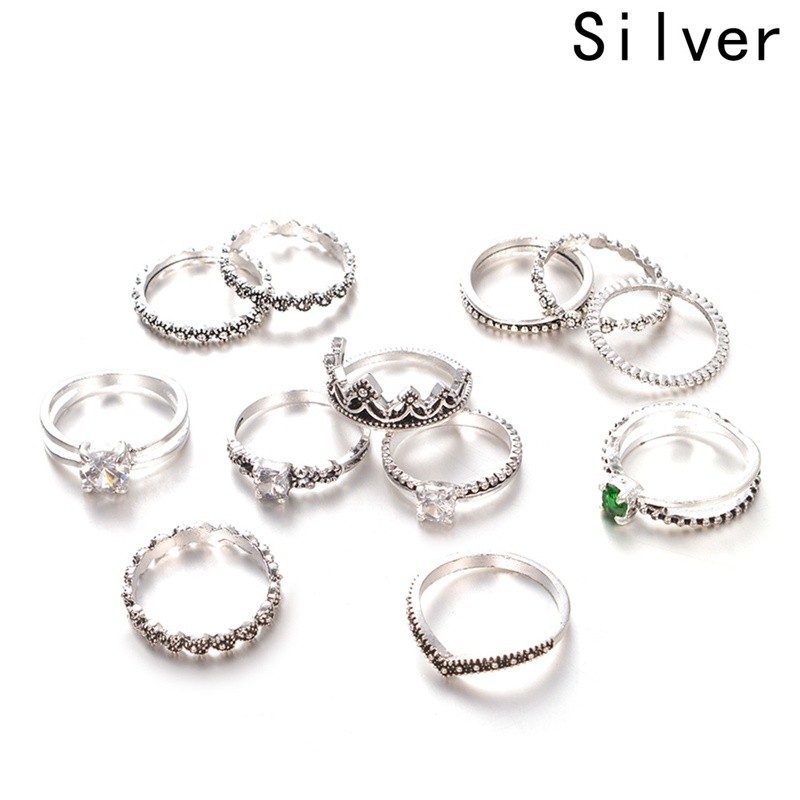 12pcs / Set Vintage Bohemian Style Suit Ring Set Carved Pattern of Crown with D