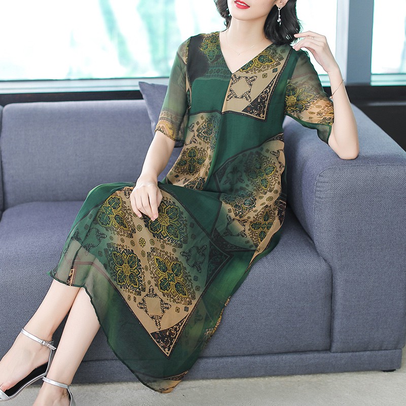 ( HÀNG SẴN) Váy Đầm Voan Trung Niên Đẹp VH25 - Hàng Quảng Châu Cao Cấp