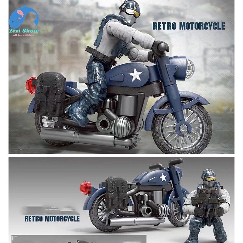 Đồ chơi mô hình lắp ráp xe Moto và lính Retro mini