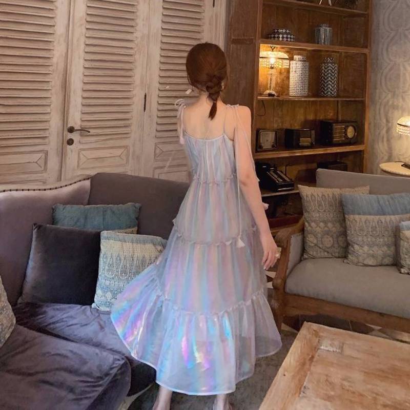 Đầm Chiffon Hai Dây Co Giãn Phối Bèo Màu Cầu Vồng Phong Cách Hàn Quốc