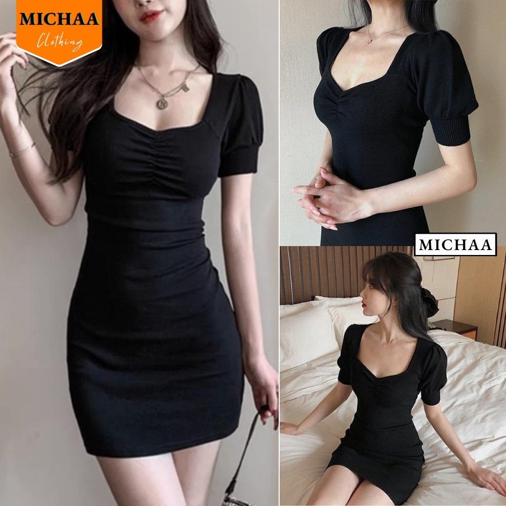 Đầm Váy Body TAY PHỒNG NHÚN NGỰC Nữ Thun Borip Kiểu Đẹp Ôm Gợi Cảm - MICHAA
