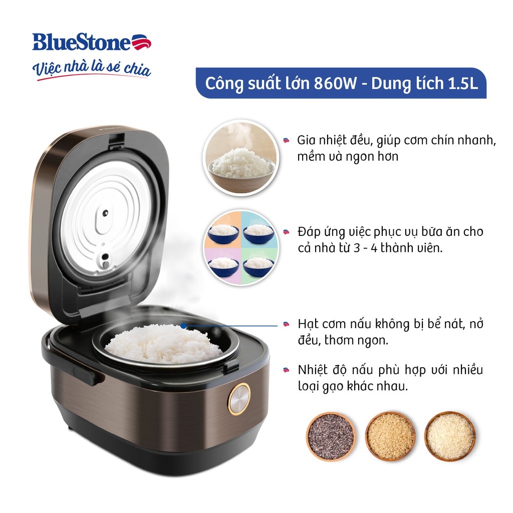 [Mã ELHAMS5 giảm 6% đơn 300K] Nồi Cơm Điện Tử Bluestone 5949, Lòng Nồi Niêu 1.5Lit-860w, Bảo Hành Chính Hãng 2 Năm