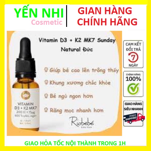 Vitamin D3 K2 Mk7 Sunday Natural 20ml Đức giúp bé tăng chiều cao date t4/2023