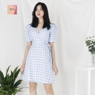 Đầm váy nữ caro cổ chữ V màu xanh xinh xắn, dễ thương Rolisa RD056
