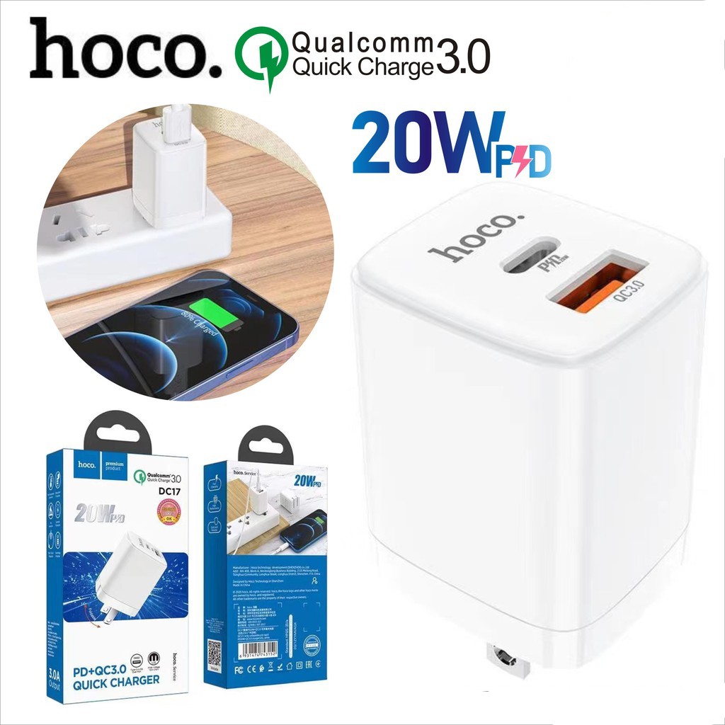 Củ sạc nhanh PD 20W Hoco DC17 2 cổng kép ( Type-C + USB ) sạc nhanh 3A, Quick Charger 3.0, chân cắm gấp gọn ( US )